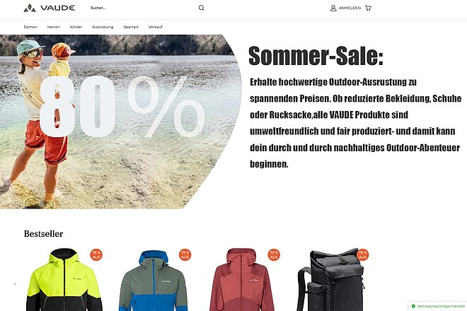 Startseite eines Webshops.
